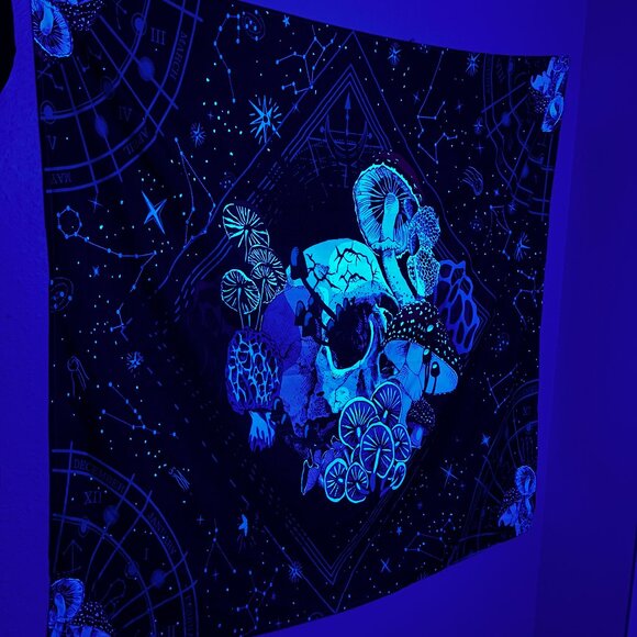 Skeleton skull mushroom stary night calendar blacklight Tapestry wall hanging - Picture 1 of 4